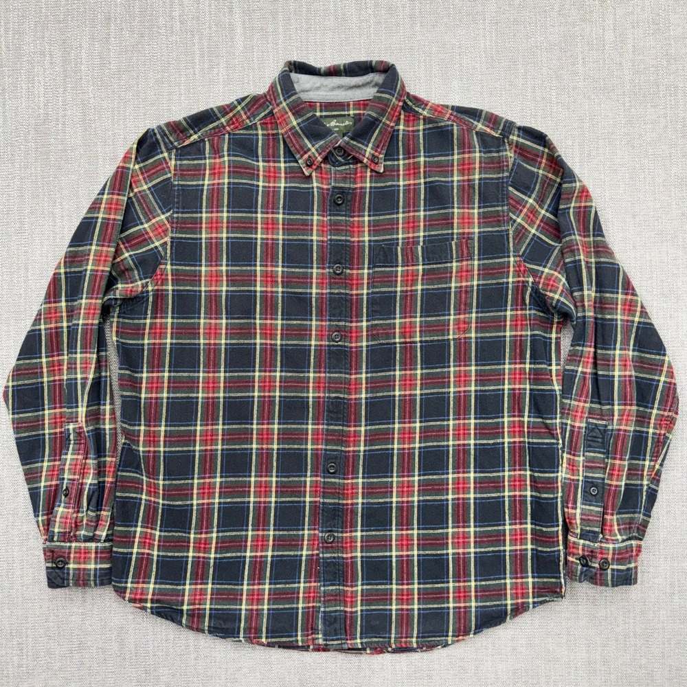 Eddie Bauer Mens Large Flannel Shirt Tartan Plaid Navy Red Green 100% Cotton